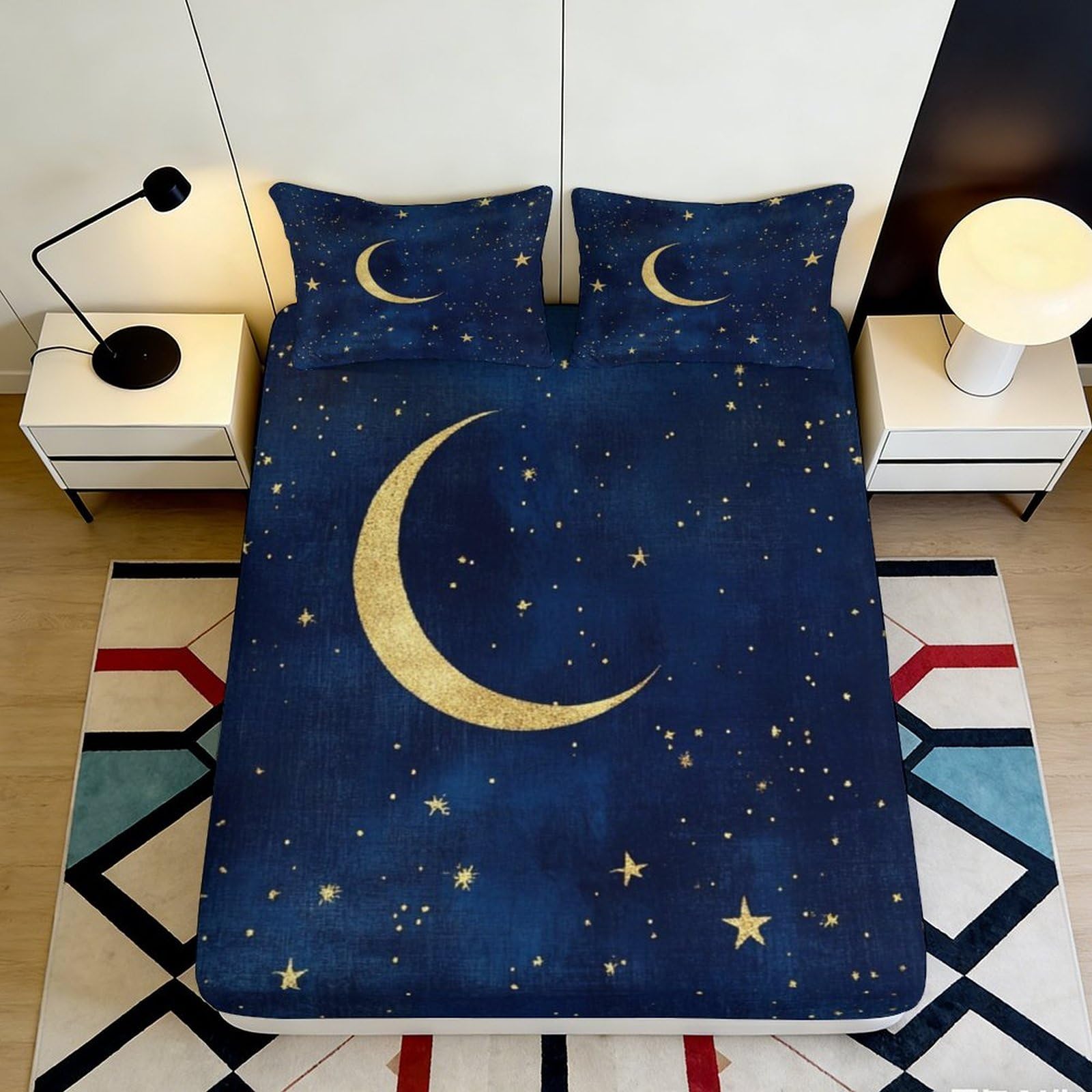 Jqzkxnhpbr Style-10 3D Printed Night Sky Moon Fitted Sheet Microfiber Soft Blue Star Mattress Cover For Bedroom Dorm Decor 90X200x25cm