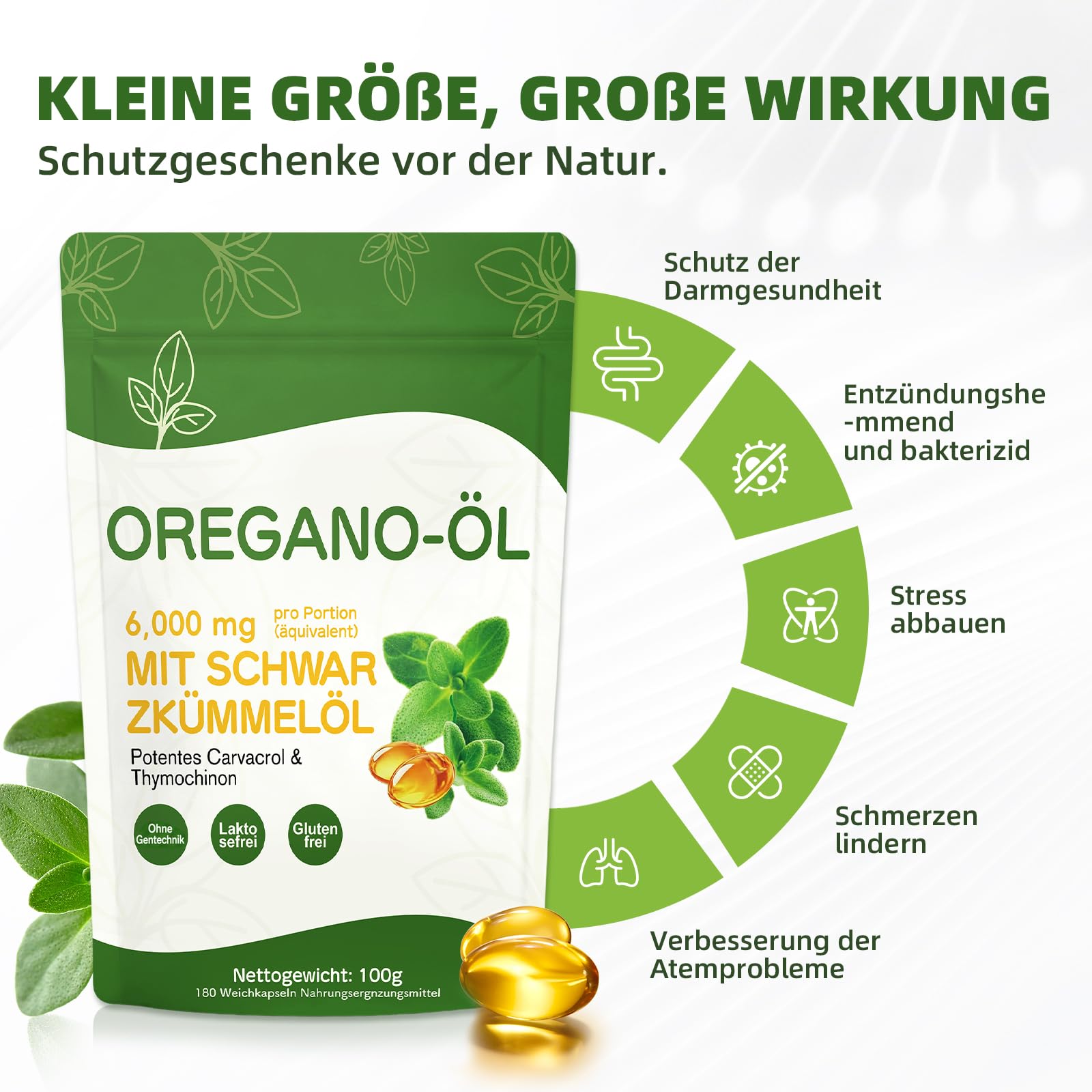 Oregano Öl Kapseln 6000 mg, 180 Softgels – 2-in-1 Oreganoöl mit Schwarzkümmelöl