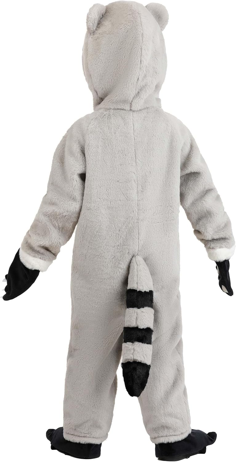 Toddler Rascal Raccoon Costume | Furry Hooded Jumpsuit with Striped Tail and Mitts - Image 3