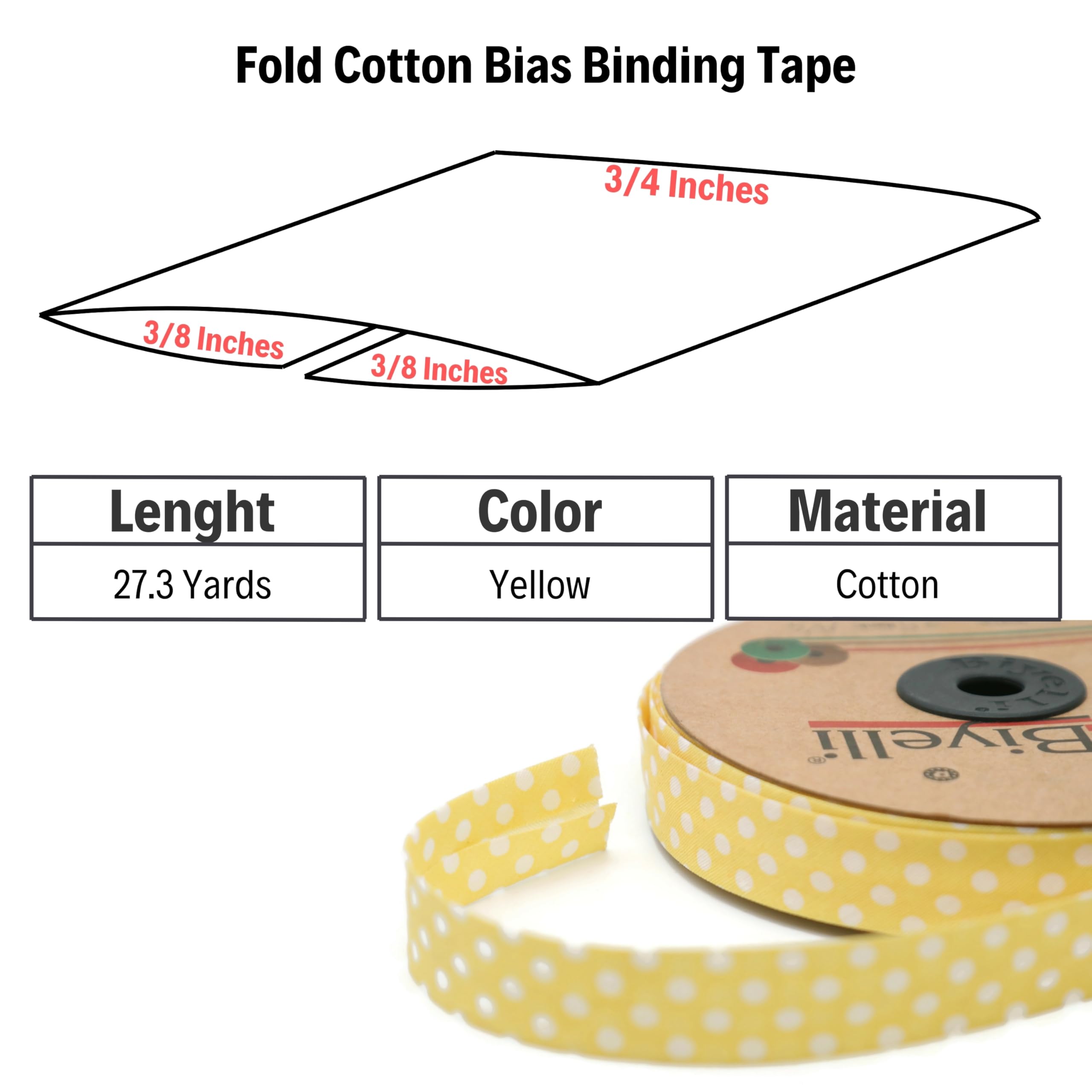 Cinta de encuadernación al bies plegable de algodón, 20 mm de ancho, 27 yardas, cinta de encuadernación de algodón de un solo pliegue para coser ropa, bricolaje, amarillo, A14