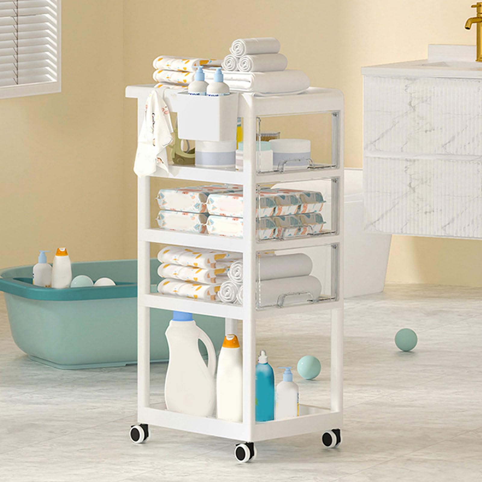Carrello Porta Pannolini per Bambini con Ruote Carrello con Maniglia Rinforzata Carrello Multistrato per Riporre i Pannolini Organizer per Riporre i Pannolini Essenziali