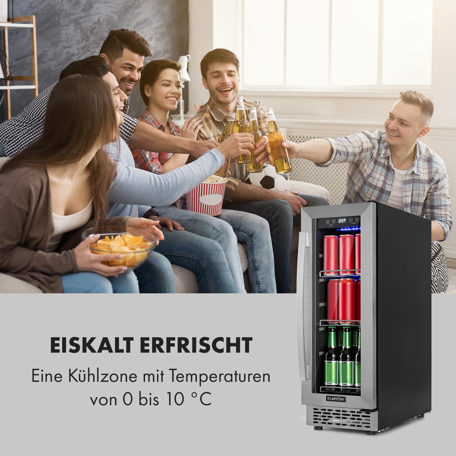 Klarstein Beerlager 56 Getränkekühlschrank, 56 Liter, 20 Flaschen, Glastür mit Edelstahlrahmen, Temperatur 0-10 °C, schwarz