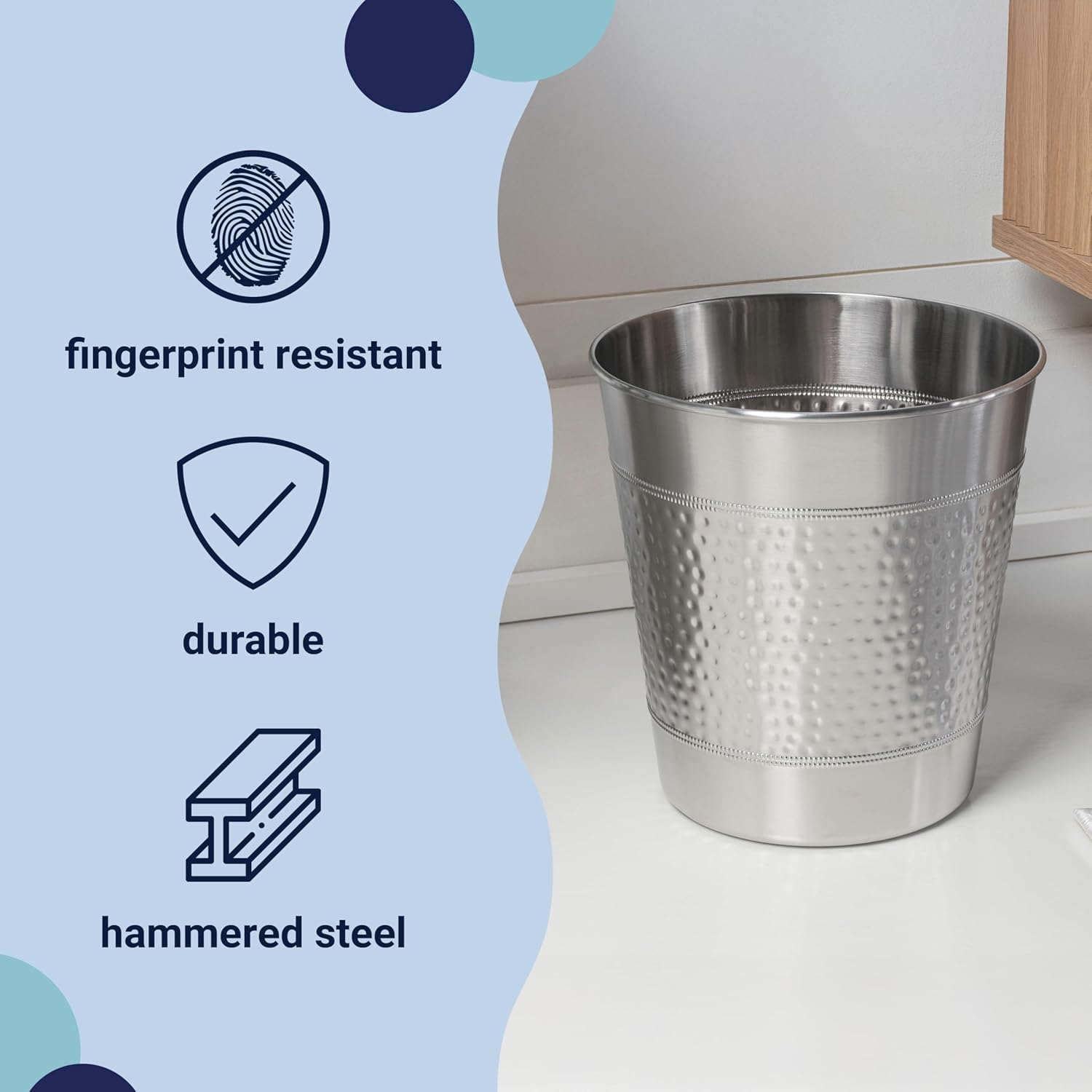 happimess HPM1111C Riley Modern Classic Hammered Steel Accent 2-Gallon Wastebasket for Home, Bathroom, Living Room, Office, Bedroom, Kitchen, Brushed Steel