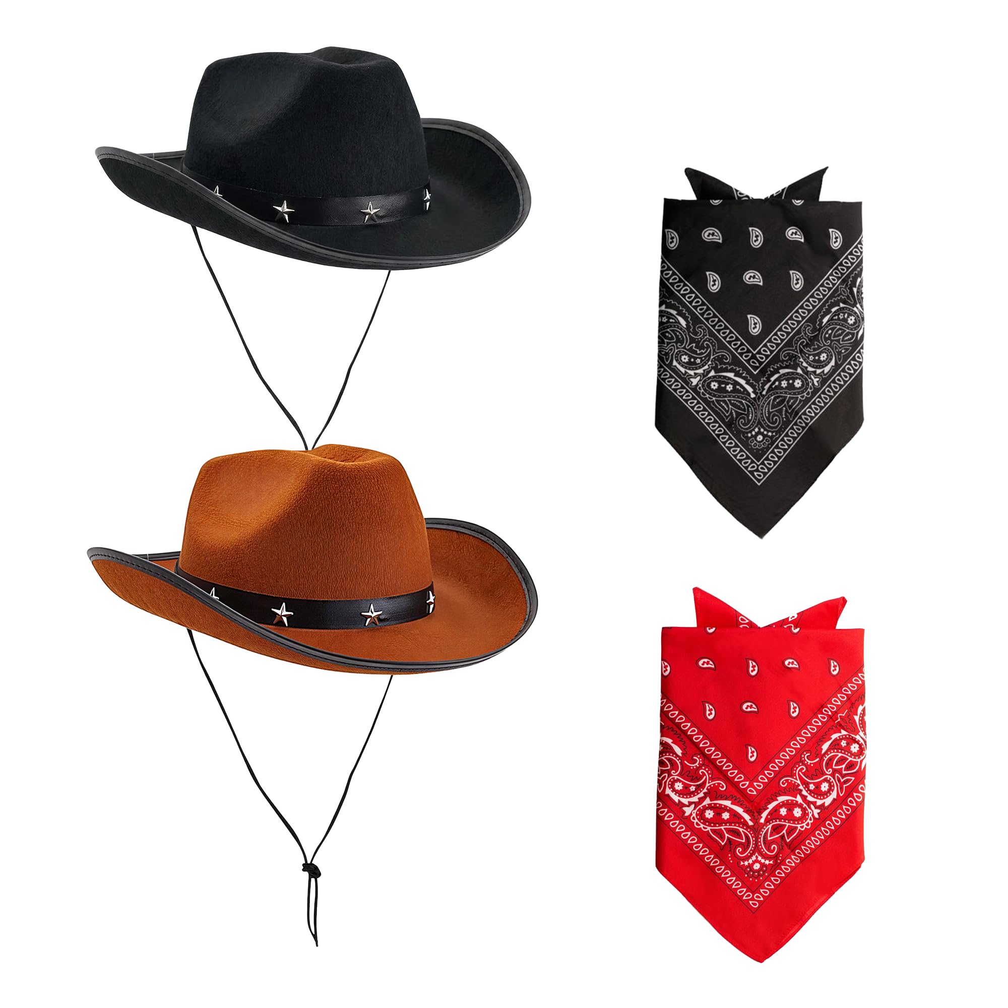 VIROSA Cowboy Hats & Bandanas Set Pack of 2 - Wild West Western Texas Texan Costume Accessories for Men, Women & Adults, Western Fancy Dress Party