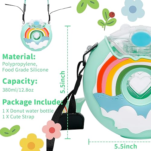 Miniatura 2 de Botella de agua de dona de 13 onzas con popote para niños, sin BPA y a prueba de fugas, botella deportiva para niñas, botella de bebida con correa