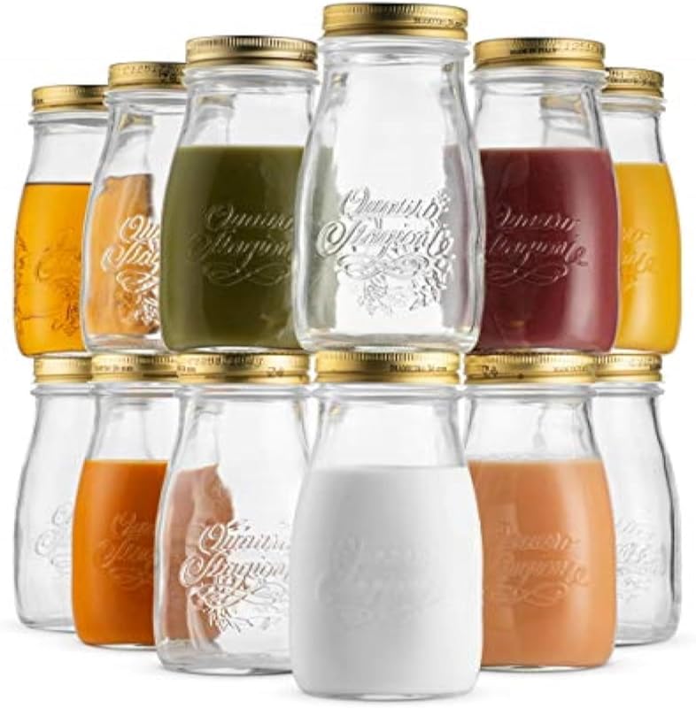 Botella Quattro Stagioni (juego de 12), frascos de vidrio en relieve con tapa superior giratoria, ideal para conservas, almacenamiento en seco, ideas de regalos, 6.75 oz. Botellas de vidrio, aptas para lavavajillas - Fabricadas en Italia