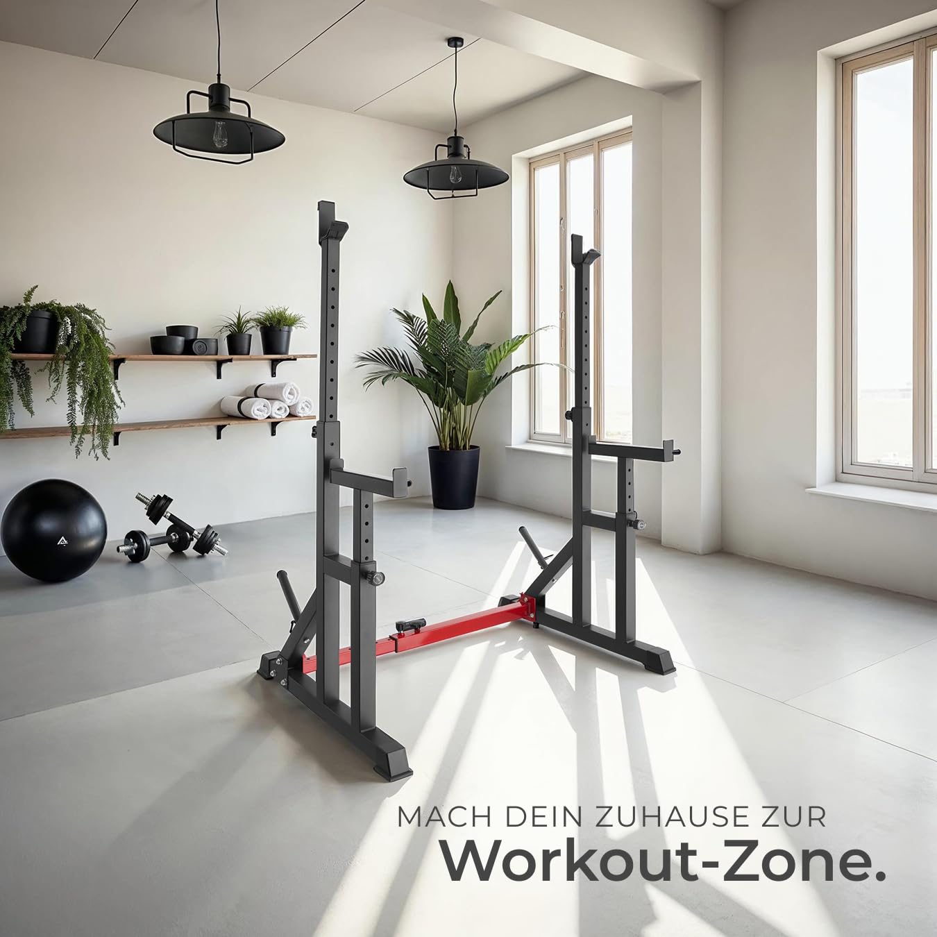 tectake® Squat Rack, Höhe und Breite verstellbare Langhantelablage, Kniebeugenständer mit Sicherheitsablage und Scheibenständer, Langhantelständer für Zuhause Fitness Training Home Gym