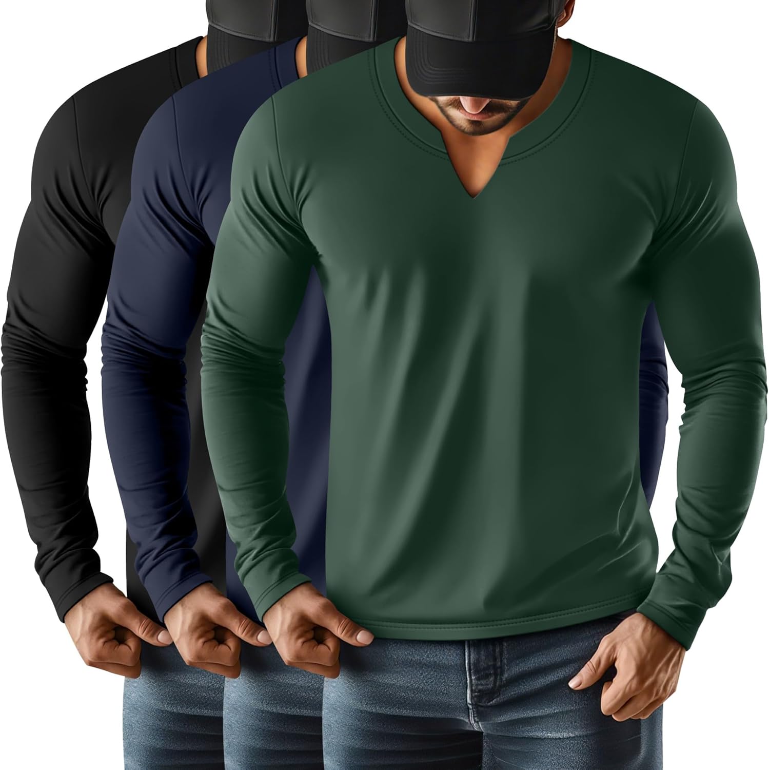 Riyiper 3 Pack Men's Long Sleeve T Shirts, V Neck Longline Henley Cotton Shirts Casual Muscle Tee Stretch Athletic Tops