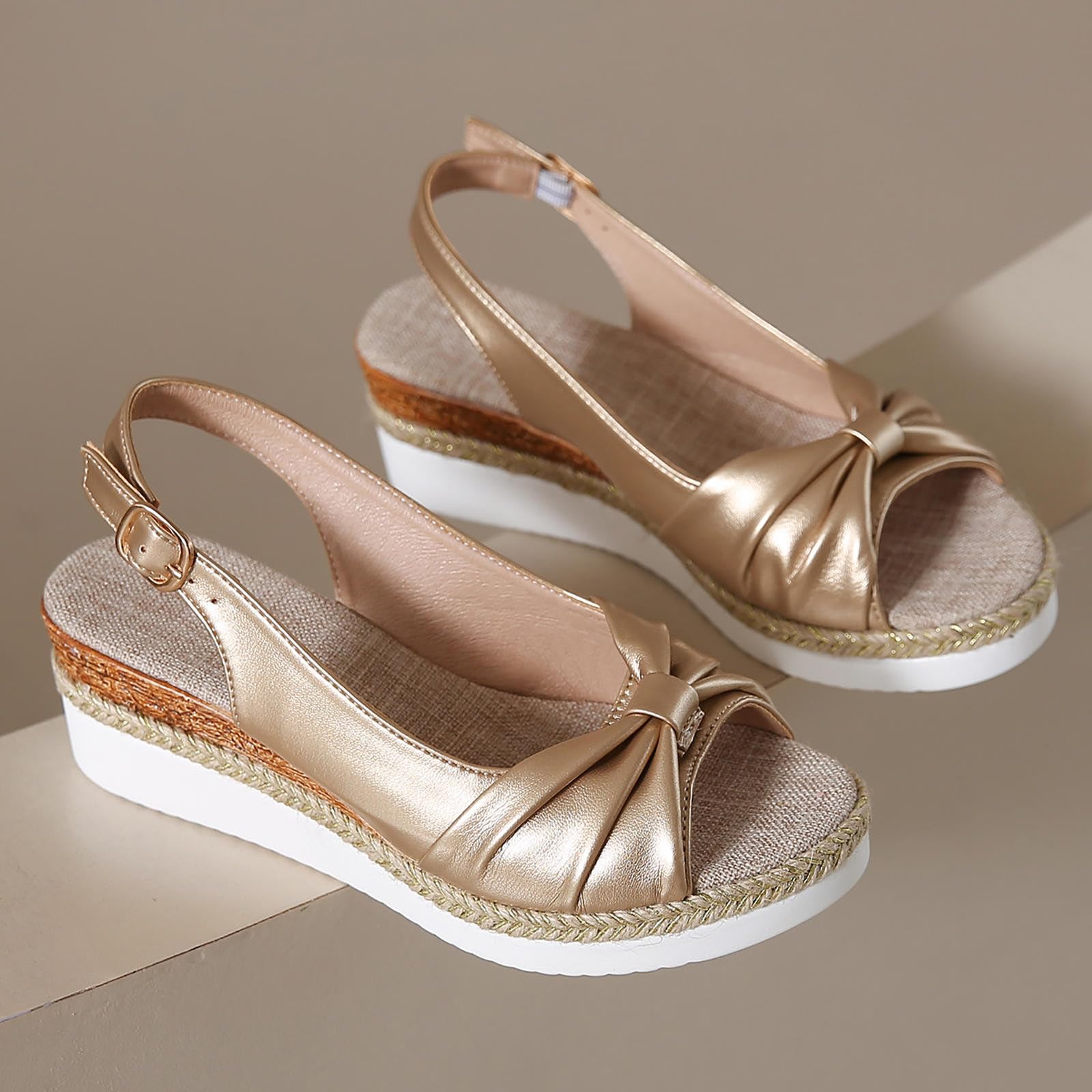 Sandali con zeppa da donna, estivi, con plateau Espadrille Bowknot, con punta aperta, con cinturino alla caviglia, regolabile, per il tempo libero, estivo