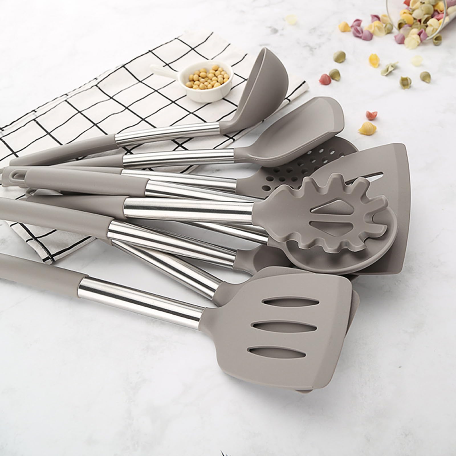 Küchenhelfer-Set aus Silikon mit Edelstahlgriff, hitzebeständige Kochutensilien, 9-teiliges Utensilien-Set mit Aufbewahrungshalter