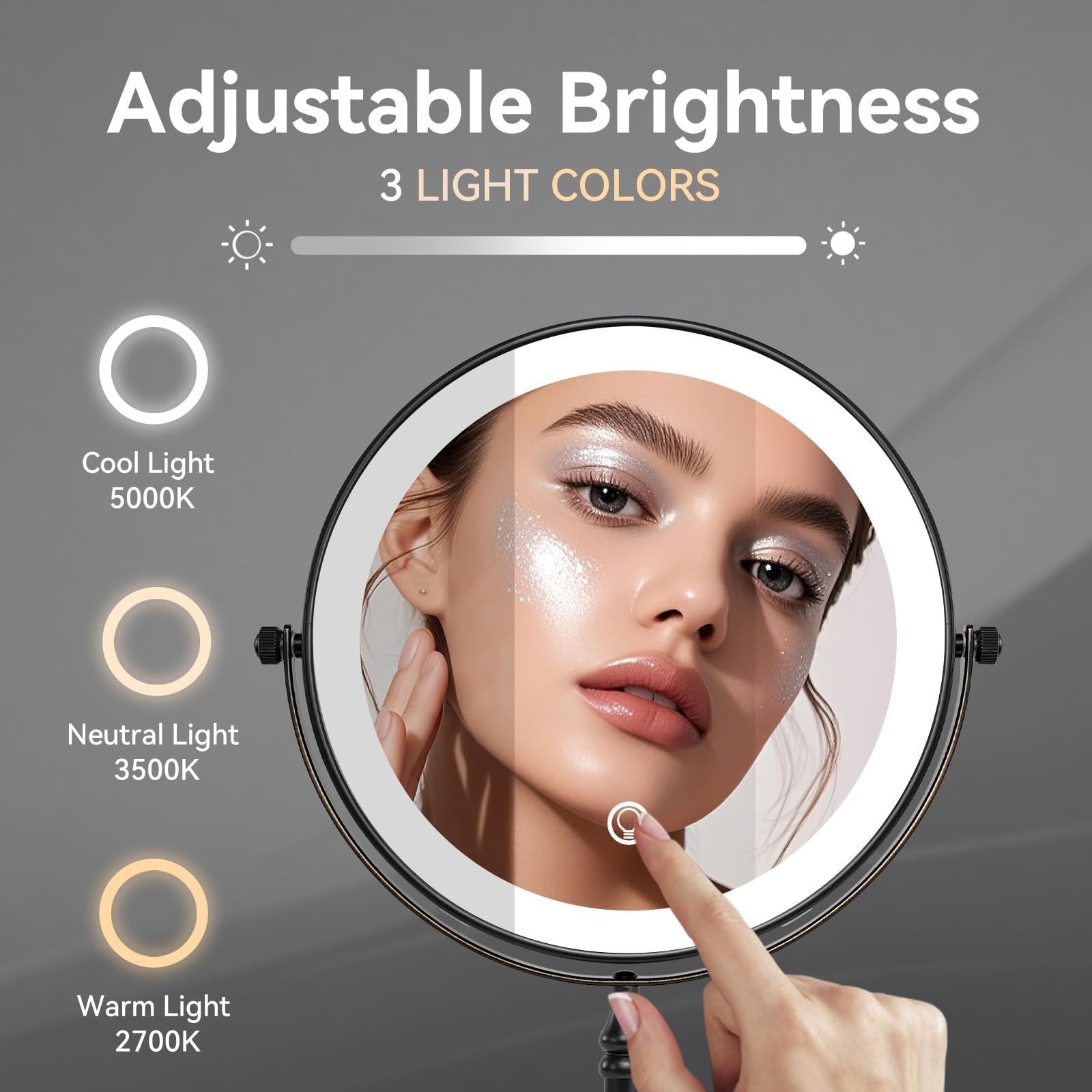 Nicesail Specchio Trucco Ingranditore 10x Grande con Luce da Tavolo - Ricaricabile - Luce a 3 Colori - Luminosità Regolabile - Bronzo Nero - Specchio Barba Uomo,Diametro 20cm