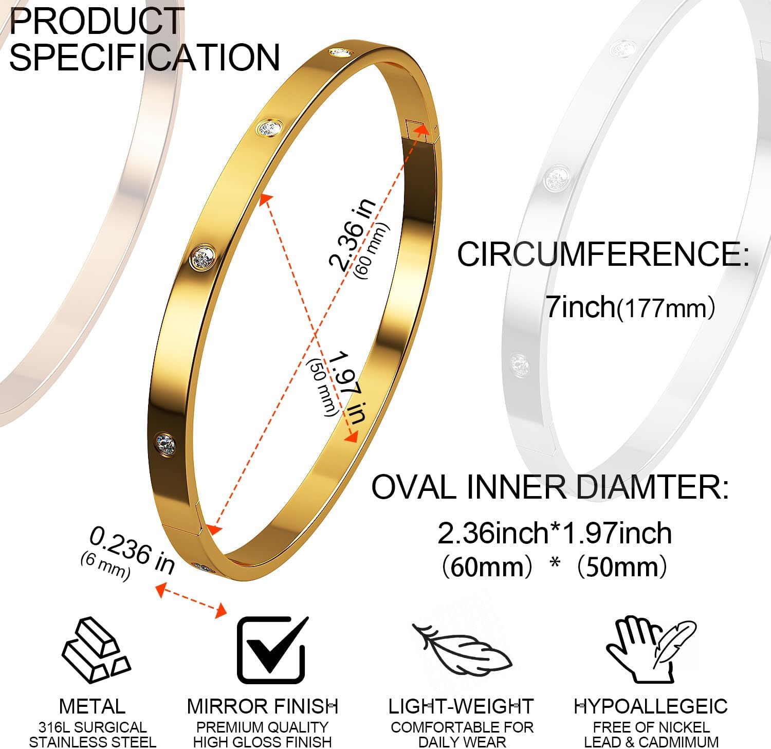 AICase 18 K Gold Plated Love Bangle Bracelet Dupes Sets(Gold/Rose Gold/Silver) Stack Wide Wristband Bangle Nail Friendship Bracelet Birthday Lovely Trendy Jewelry Gifts for Women MoM Besties - Image 3