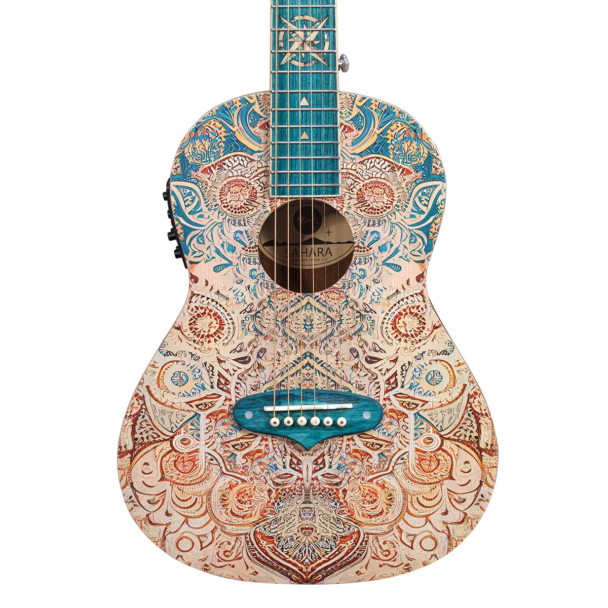 Lindo Sahara Steel String Parlor - Chitarra elettroacustica da viaggio (misura 3/4) | Nautical Star 12th Fret Inlay | Corpo e paletta con finitura grafica artistica | Progettato nel Regno Unito