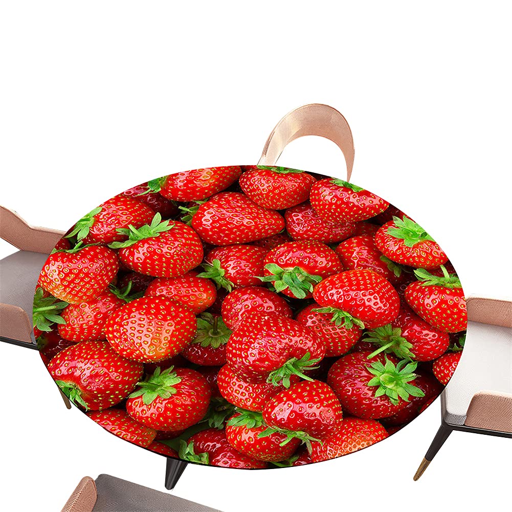 Morbuy Strawberry Elastic Edged Round Tablecloth, 3D Fruit Fruitage Print Table Cloths Waterproof Wipeable Stain Resistant Dust-Proof Table Cover For Circular Table (,Diameter 120Cm)