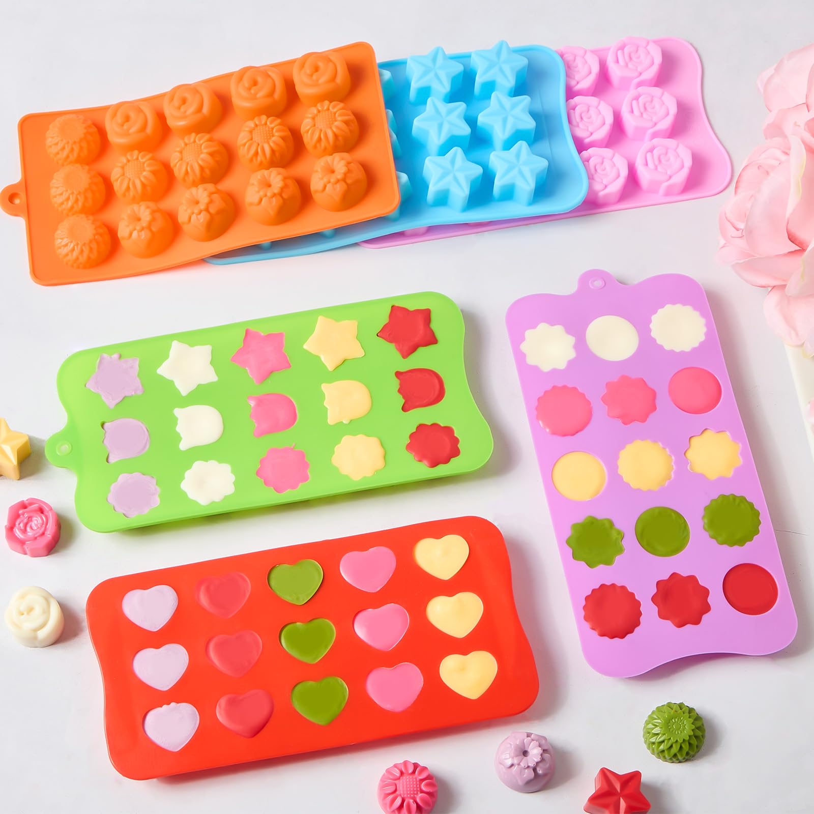 Juego de 6 moldes de silicona para chocolate, 15 cavidades, diseño de estrella y corazón rosa, diferentes formas, moldes de silicona para chocolate, dulces, cubitos de hielo, mantequilla, gelatina