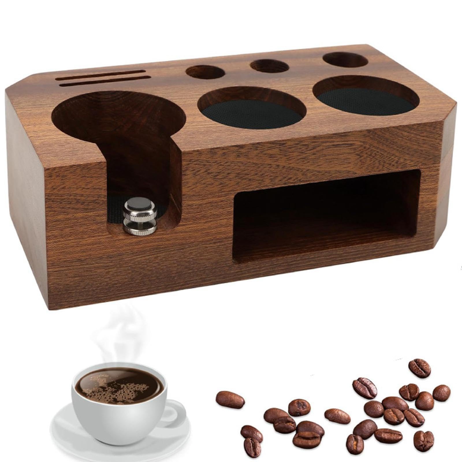 Espresso Tamperhalter, Filterhalter, Halter für Kaffeezubehör, Dicker Holzsockel mit Rutschfester Matte, Multifunktional, Geeignet für Kaffeebars, passend für 58mm