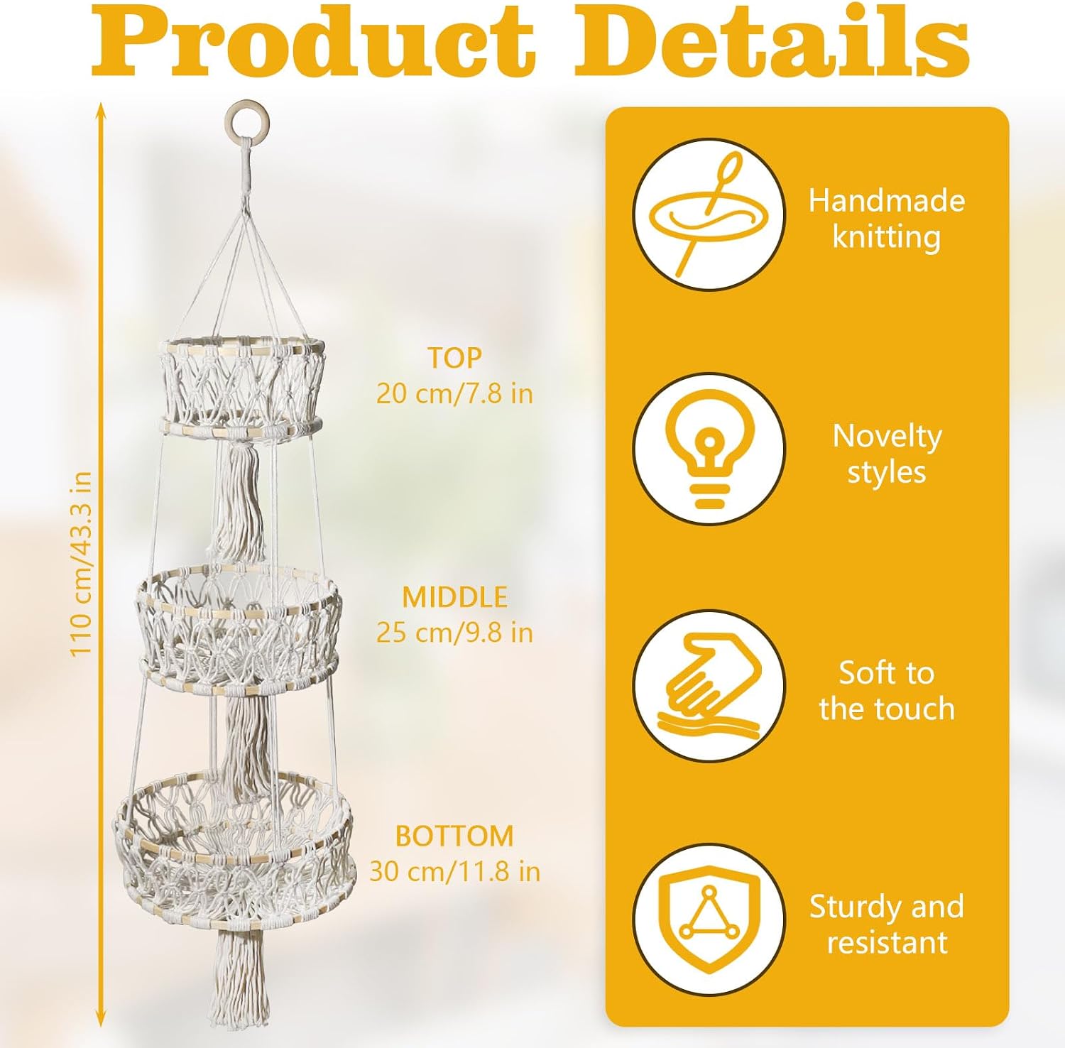 Hanging Fruit Basket, 3 Tier Hanging Fruit Baskets for Kitchen, Wall Hanging Fruit Baskets for Fruits Vegetable Flower Basket