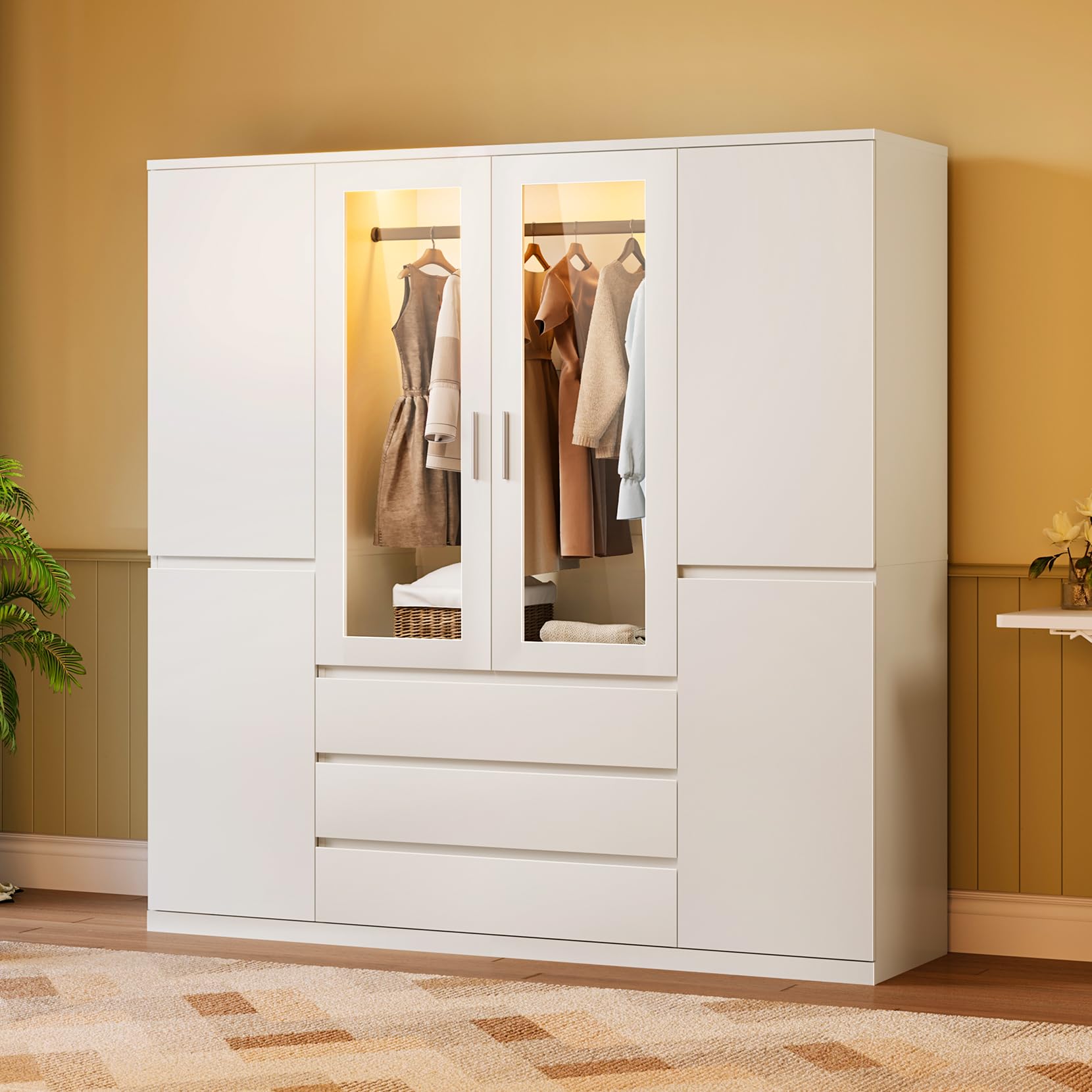Dripex Sechs Tore Kleiderschrank, 160x48x180cm, 3 Schubladen Wardrobe Closet Weiß
