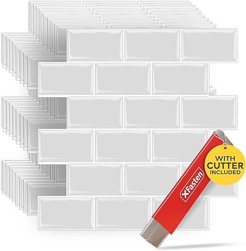 XFasten Azulejos para salpicaduras de cocina, azulejos de despegar y pegar, 10 piezas de 12 x 12 pulgadas con mini cortador, azulejos de metro