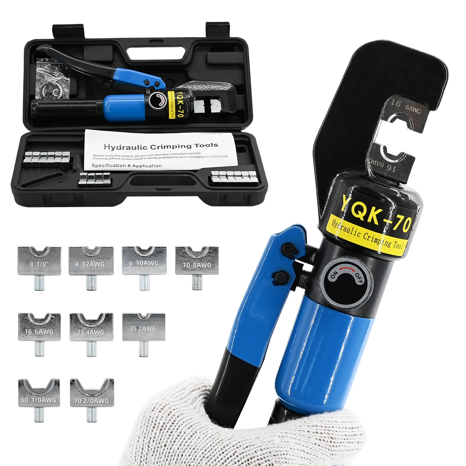 LFGUD 10 Ton Hydraulic Crimping Tool - 12 AWG to 2/0 AWG Battery Cable & Terminal Crimper with 9 Pairs of Dies Kit, Blue
