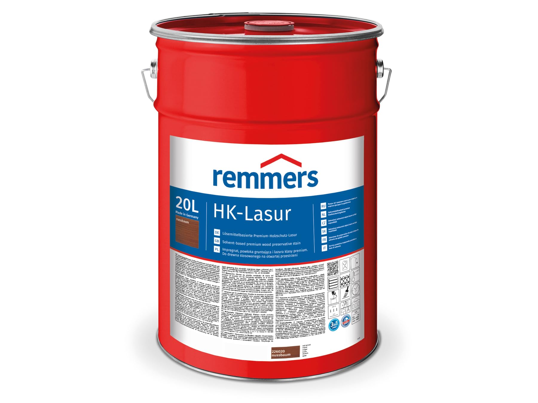 Remmers HK-Lasur 3in1 nussbaum, 20 Liter, Holzlasur aussen, 3facher Holzschutz mit Imprägnierung + Grundierung + Lasur, Feuchtigkeit- und UV-Schutz