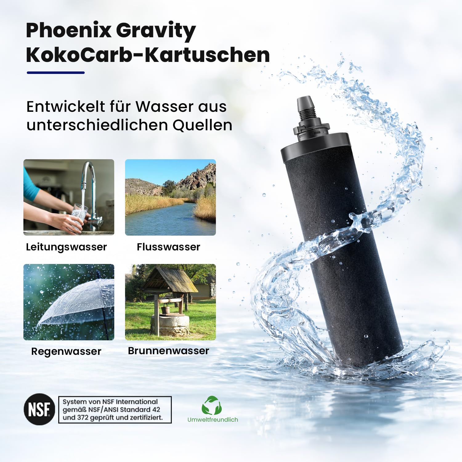 Phoenix Gravity KokoCarb NSF-zertifizierte Kohlefilterkartuschen (2 Stück) – Kokosnussschalen-Aktivkohle-Ersatz für Schwerkraft-Wasserfilter – Kompatibel mit anderen Aufsatzfiltersystemen