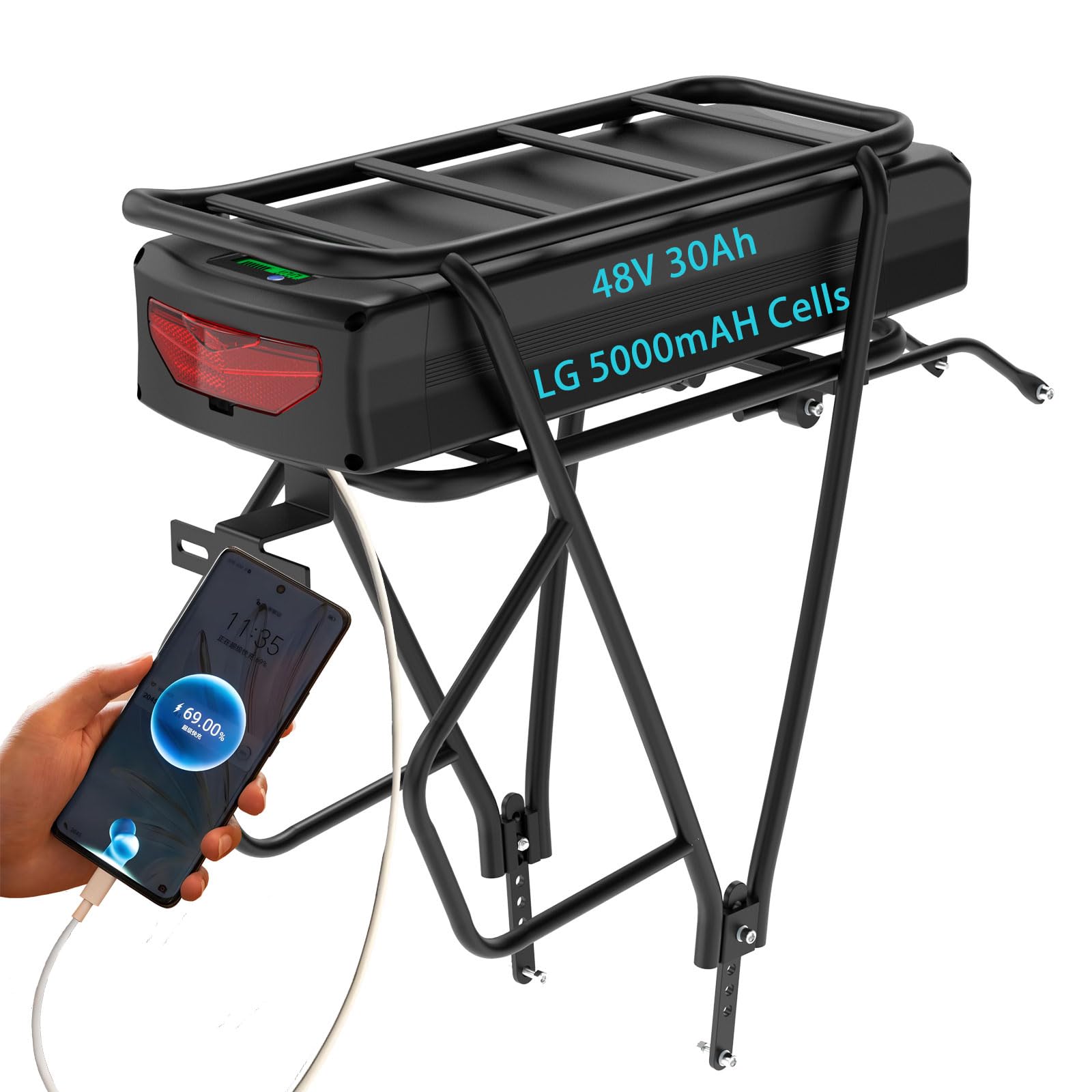 Batterie pour vélo électrique à Fixer sur Le Porte-Bagages arrière 48 V avec Chargeur, Batterie au Lithium de 30 Ah Ah pour Moteur de vélo de 250 W à 1800 W