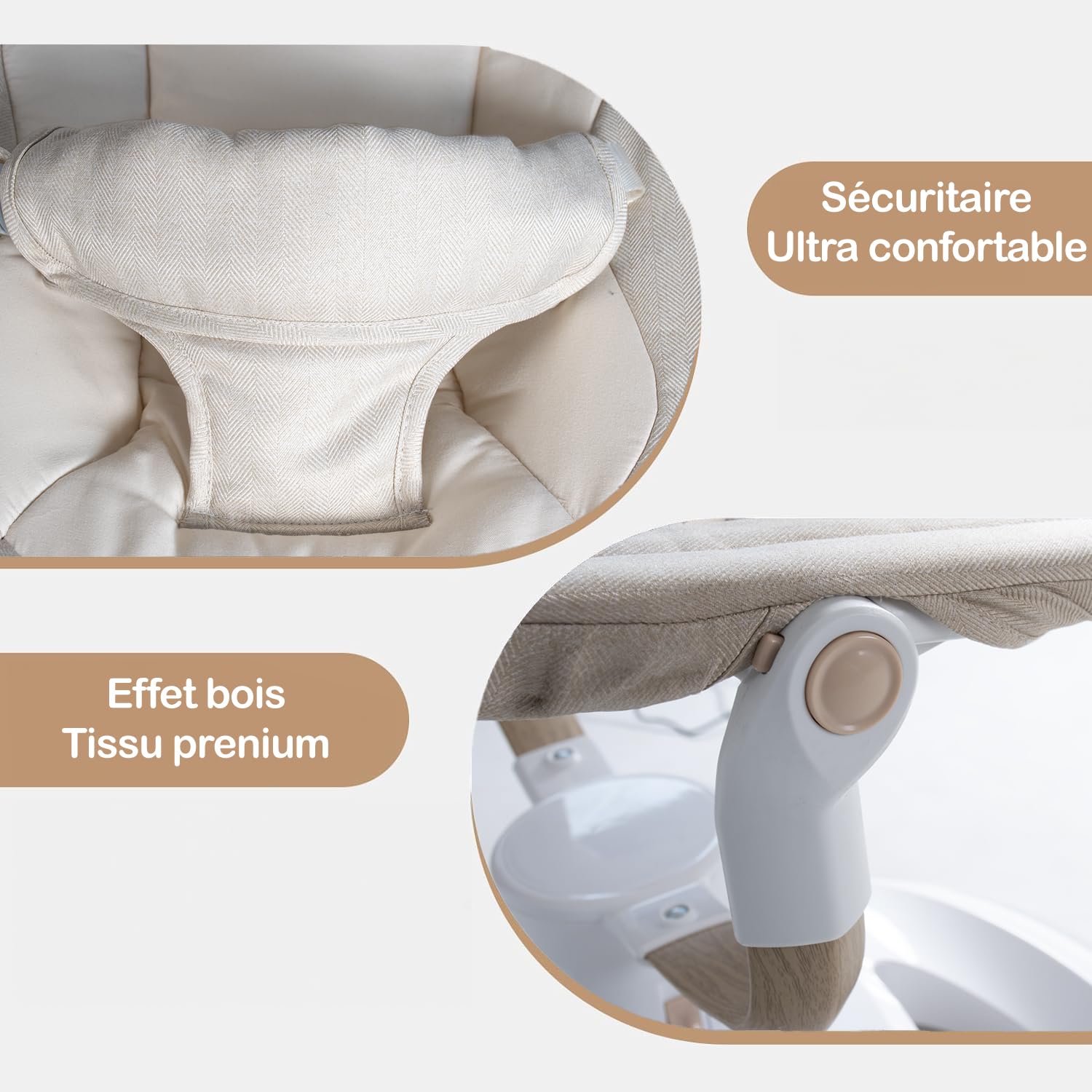 BEBE2LUXE EMY : Balancelle Bebe/Transat Bebe électrique, Effet Bois, Balancement Naturel, Multi-Position 360, Bluetooth, télécommande (Gris)