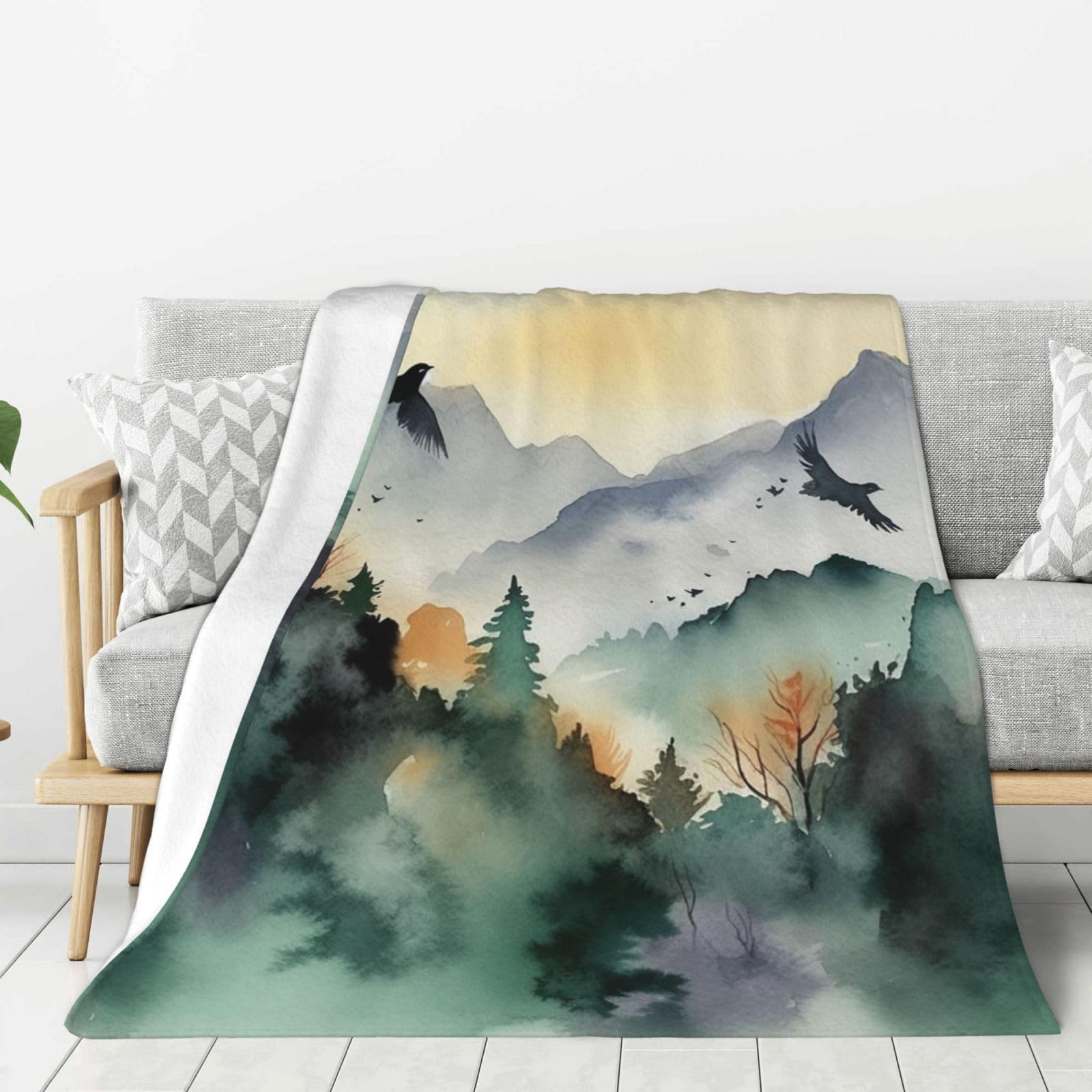 Couverture polaire en flanelle toutes saisons plaid doux chaud motif oiseaux de montagne 152x127