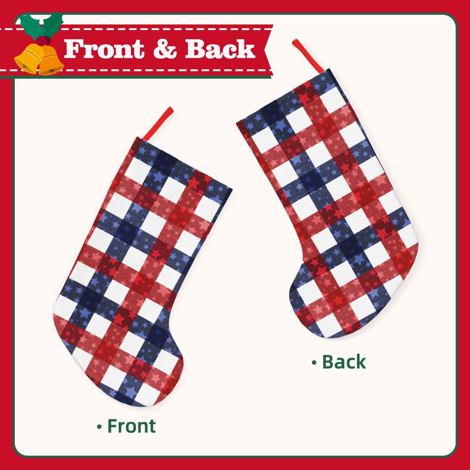 YETTA YANG July 4th Patriotic American Flag Plaid Blue Red White 18 Inches Christmas Stocking Large Stocking Bags Hanging Socks for Christmas Decor Decorations