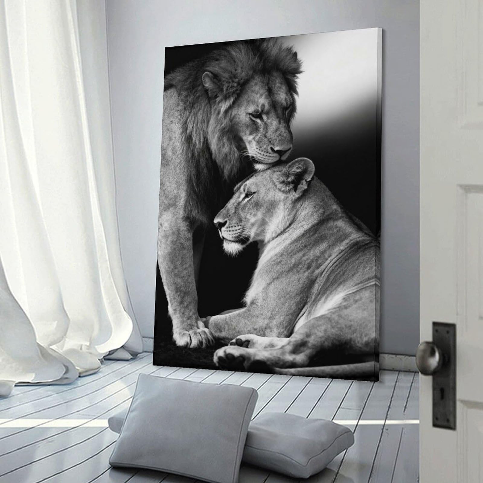 Junmoney Canvas Art Print Lion And Lioness in Black And White, 24x36inch(60x90cm), for Office, Study Or Home Workspace, Home Office Artwork with Decorative Appeal