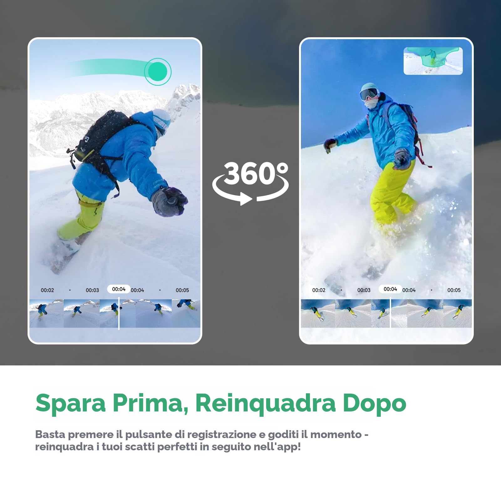 AKASO 360° Action Cam Creator-Set 5.7K con Scheda 64GB, Foto 72MP, Doppio Sensore 1/2" 48MP, Horizon Lock, Touchscreen 2.29", AI Tracking, Effetto Selfie Stick Invisibile, Stabilizzazione SuperSmooth