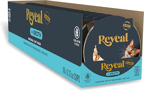 Reveal Alimento húmedo natural para gatos, 18 unidades, sin granos, ingredientes limitados, sardina con caballa en caldo, tazas de 2.12 onzas