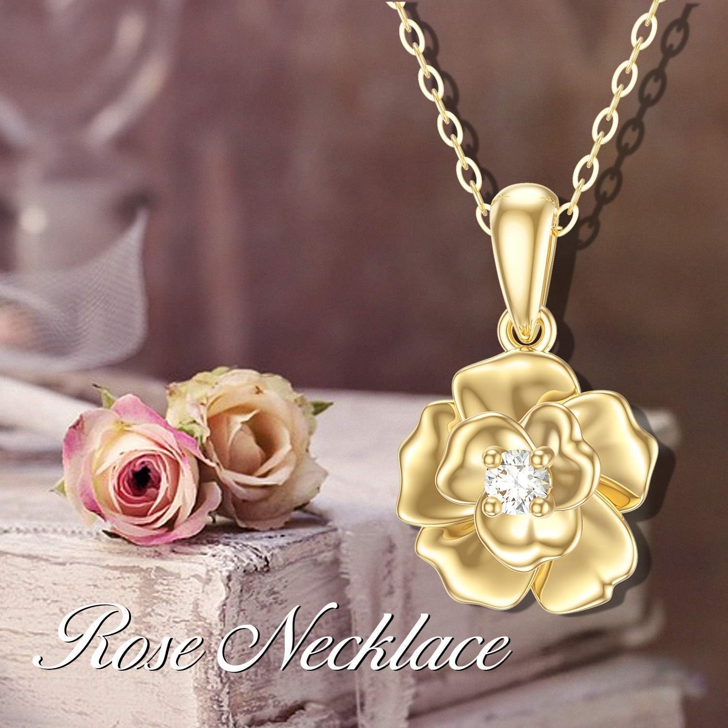 14k Gold Flower Necklace for Women, Rose Flower Pendant Birth Flower Necklace Birthday Mothers Day Gift for Mother Wife Girlfriend 16+2 inch - Image 6