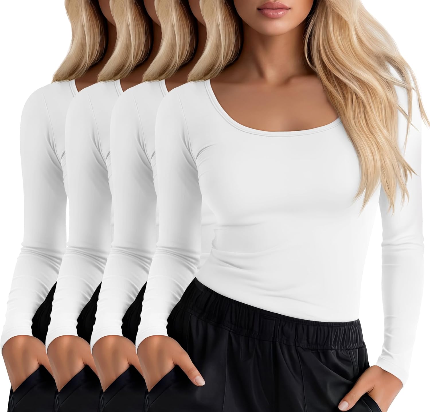 4 Pack Women's Underscrub T-Shirts, Long Sleeve 65% Cotton Tees Slim Fit Scrub Tops Scoop Neck Basic Layer Shirts