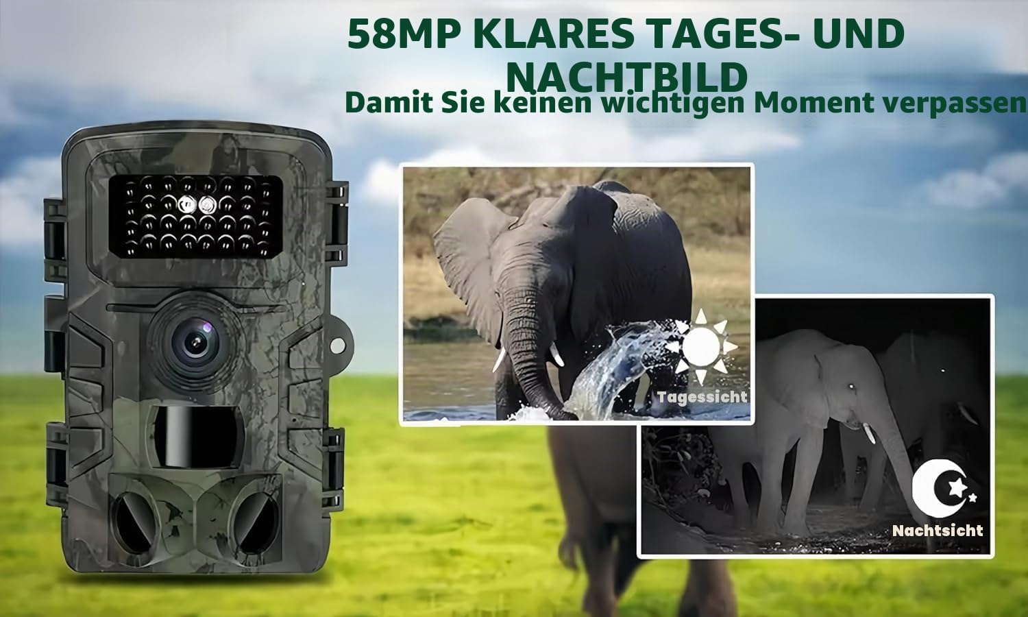 Wildkamera 2,7 K/1580P 58 MP – Nachtsicht Infrarot HD – Kamera Fotofalle, wasserdicht – Tierverfolgung – SD-Karte 32 GB – IR-Tracker – Außen