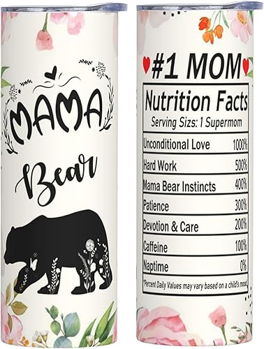Bear Mama - Vaso con tapa  Vasos rectos de 20 onzas  Regalos de Navidad para mamá madre  Regalo de cumpleaños de vacaciones para abuela tía  Taza de