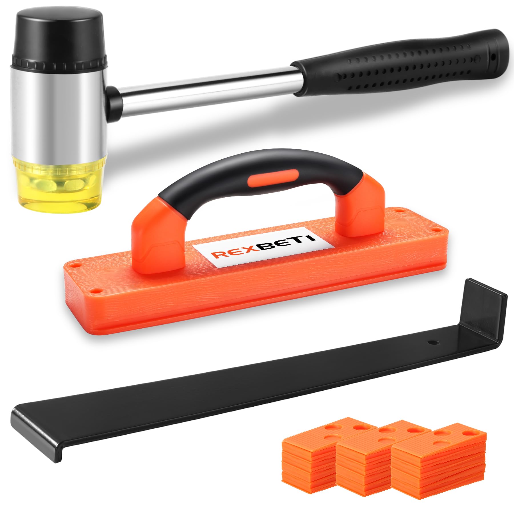 REXBETI Kit de instalación de suelos de madera laminada de 43 piezas con 40 espaciadores, bloque de roscado mejorado, barra de tracción resistente y mazo de alta resistencia de 1 3/8 pulgadas de