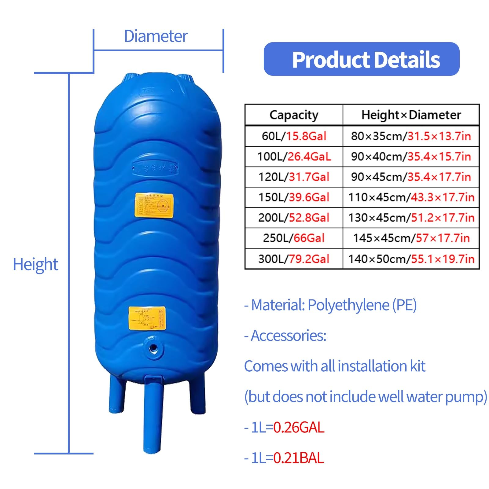 Vaso de expansión Tanques de presión de agua para sistemas de pozo de pie - Tanque de almacenamiento de agua a presión portátil con accesorios - Contenedores de vejiga de almacenamiento de agua de PE