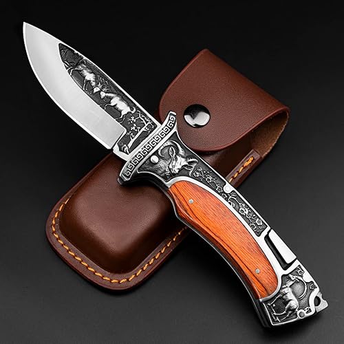 NEDFOSS Regalos para hombres cuchillo plegable de bolsillo, hoja única grabada de 8.6 pulgadas, cuchillo de bolsillo con asas de madera con bloqueo