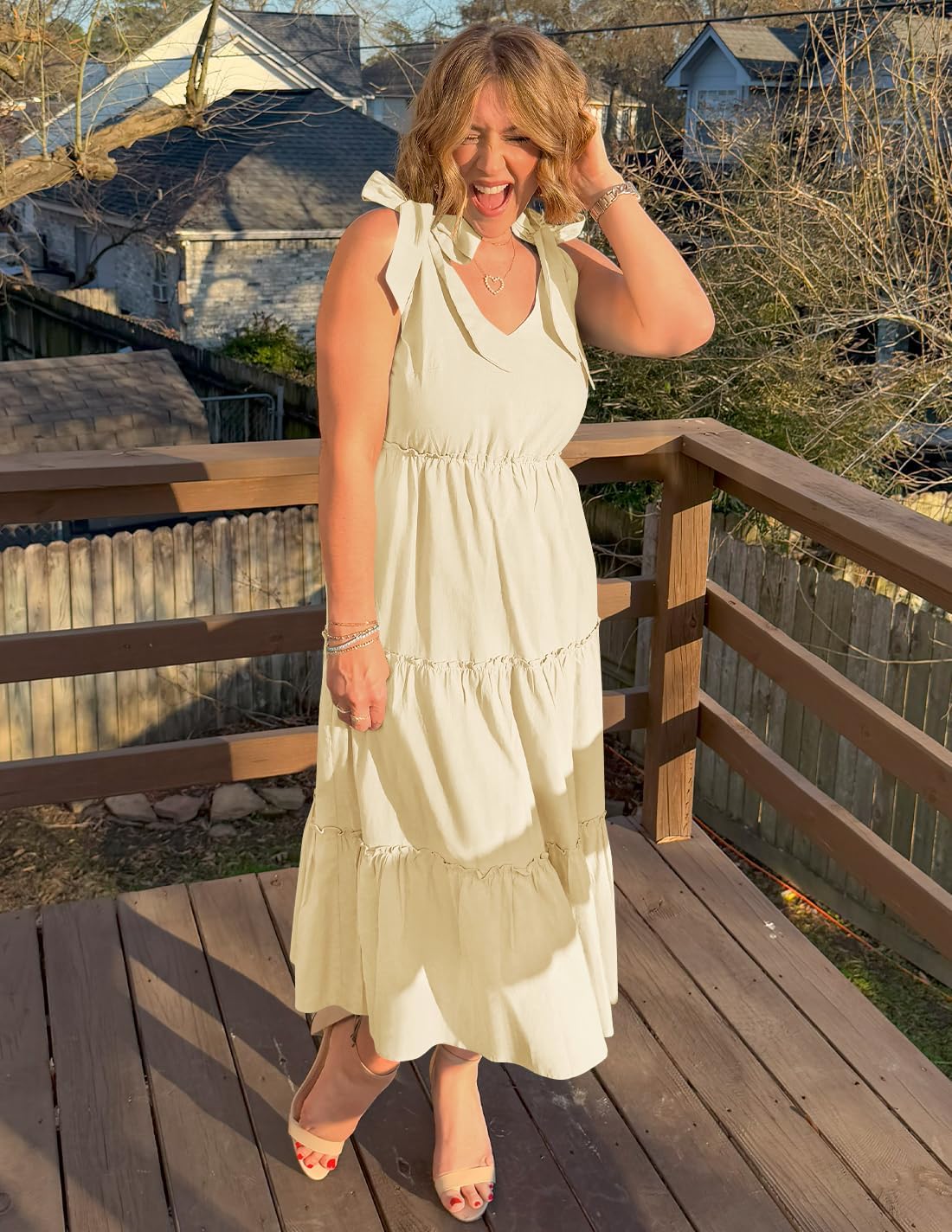 ZESICA Women's 2026 Summer Boho Sleeveless Midi Dresses Casual V Neck Spaghetti Strap Flowy A Line Tiered Beach Long Sundress - Image 5