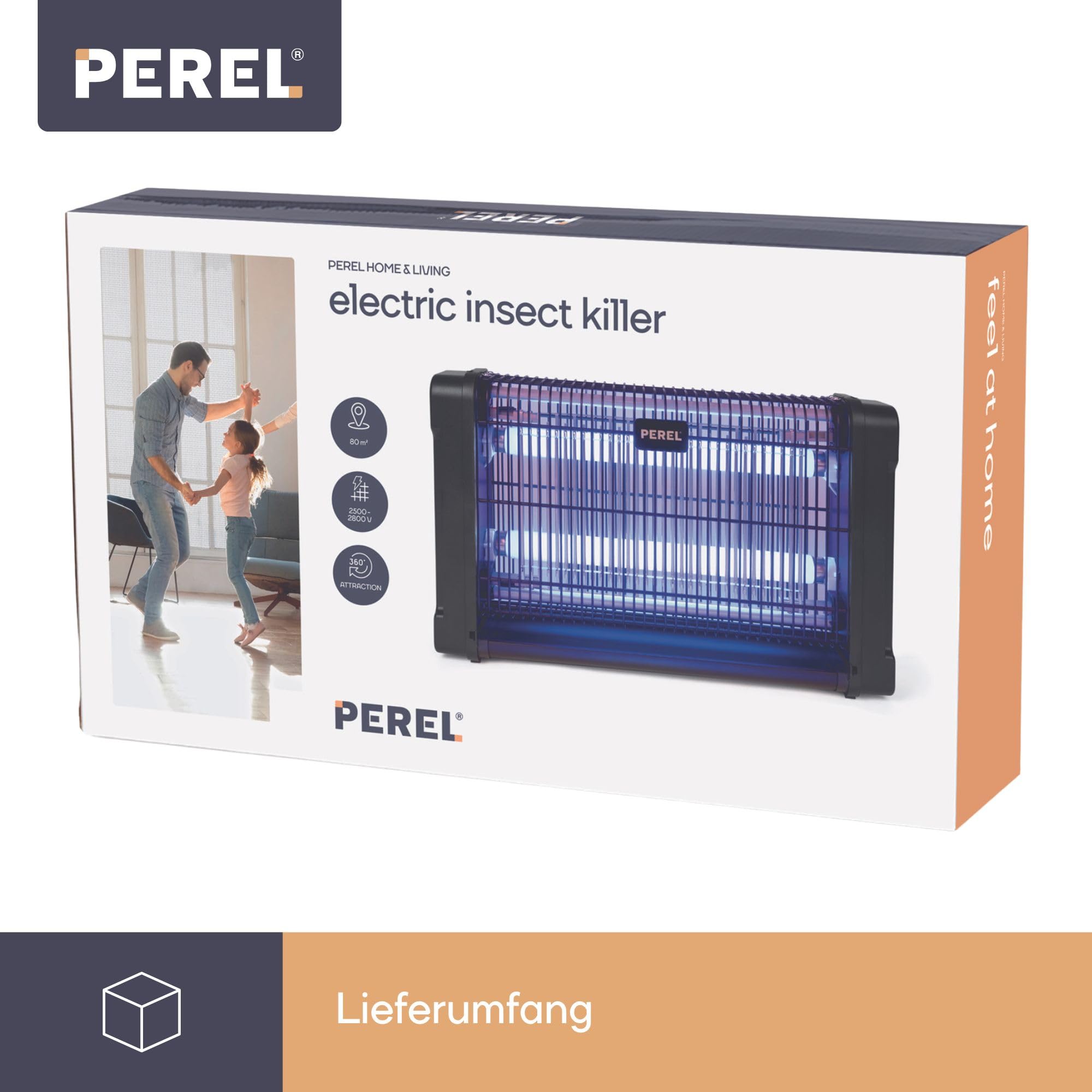 Perel Elektrischer UV Insektenvernichter innen, 2800V Hochspannungsgitter, leise Fliegenlampe mit entnehmbarer Metall-Auffangschale, 100 m² Abdeckung, chemiefreie Insektenbekämpfung
