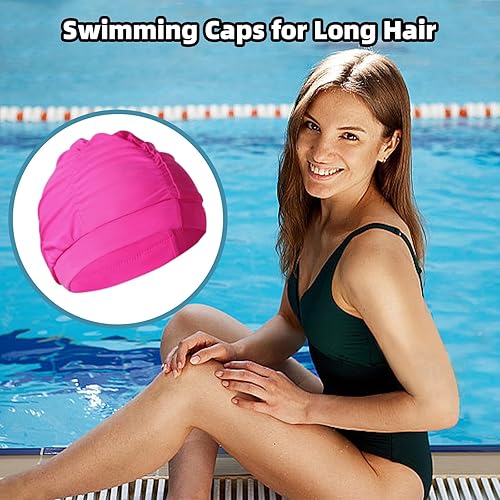 Miniatura 10 de 2 gorras de natación de tela para mujer, tela duradera, no impermeable, elástica, gorra de baño para cabello largo