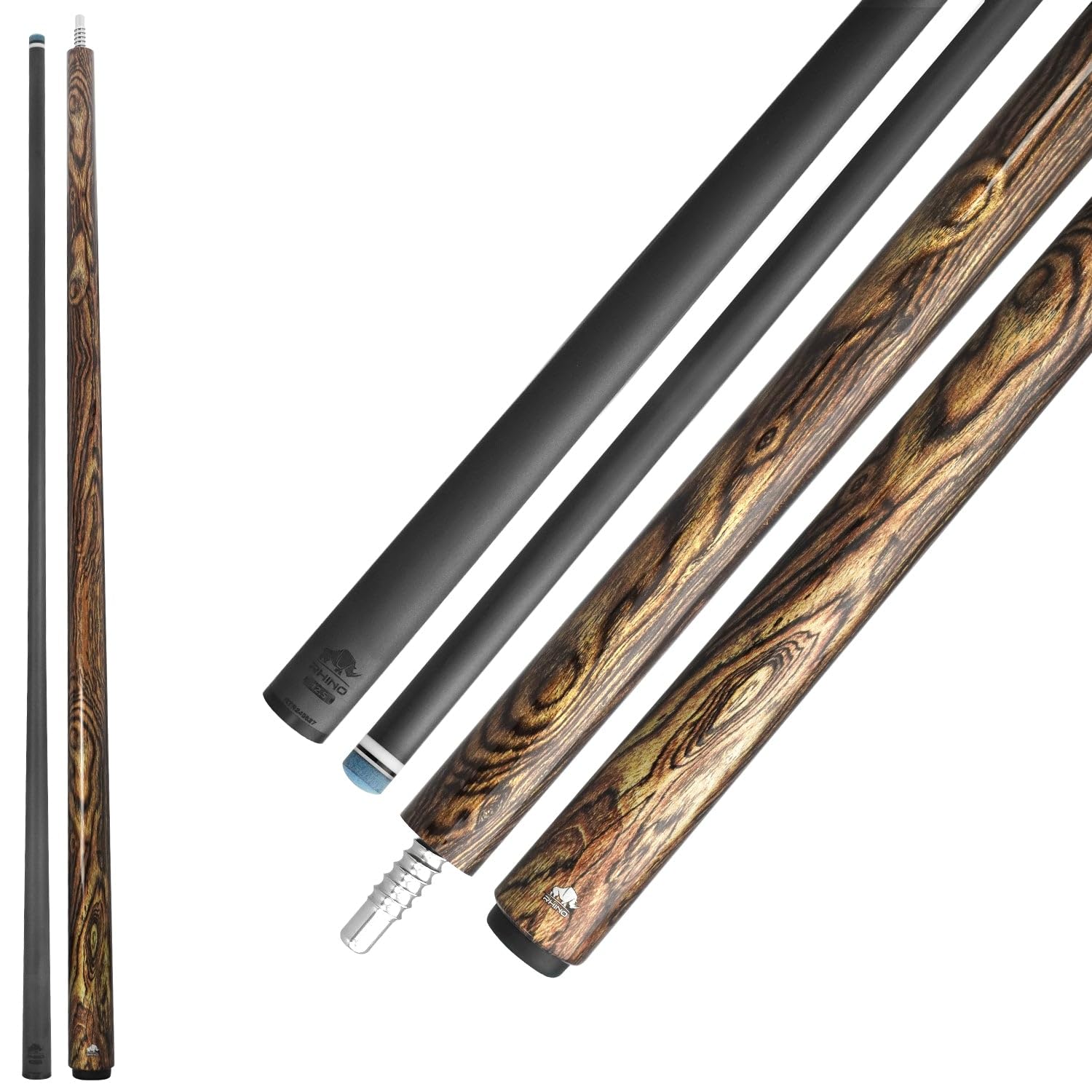 RHINO Retro Pool Cue - Cocobolo, Bocote, Ebony, Snakewood, Thuya - 3/8-8 Joint - 12.5 mm Tip Diameter