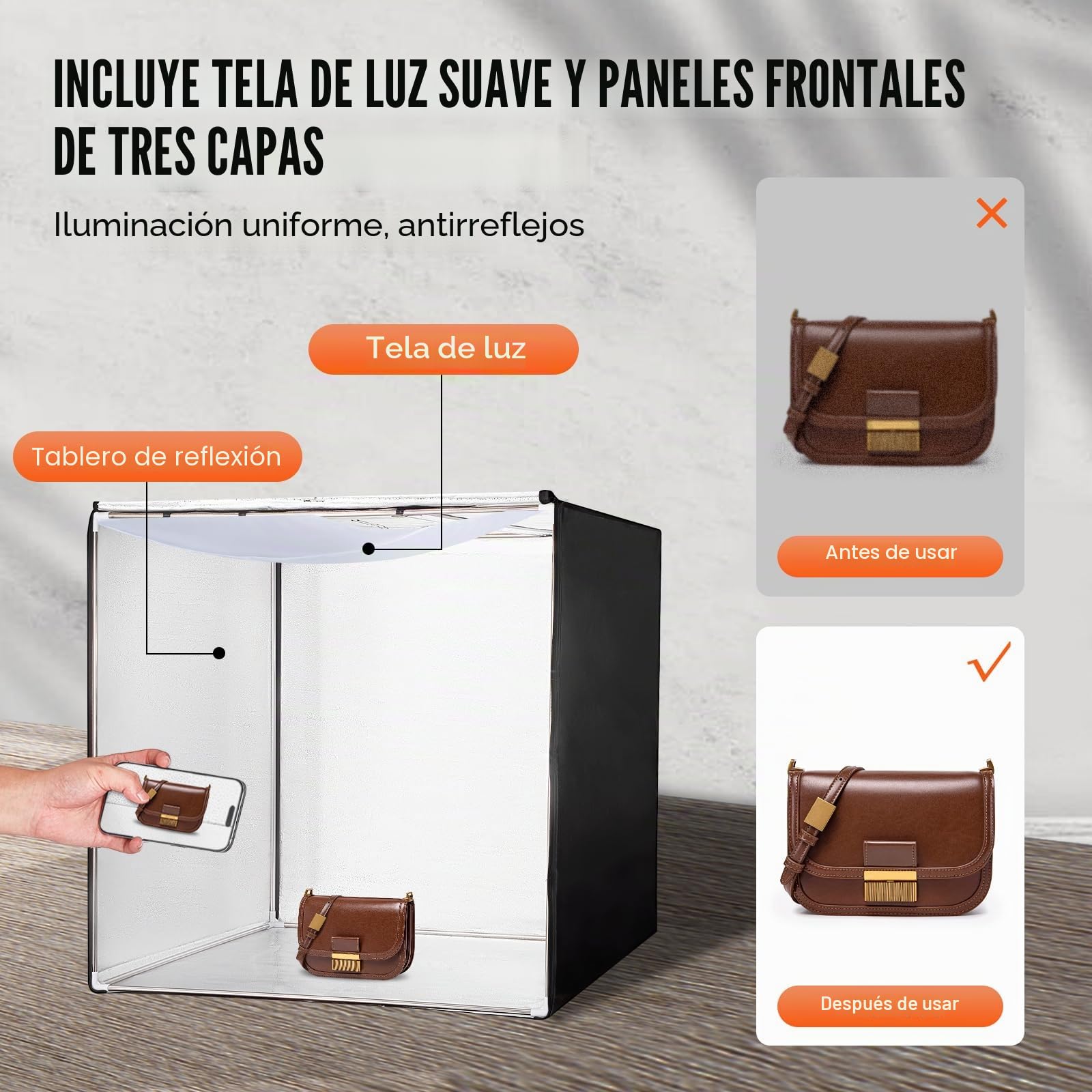 VEVOR Caja de Luz para Estudio Fotográfico 100x100 cm 5600K Caja de Fotos para Fotografía 210 Luces Led 5 Fondos Adaptador de Corriente Piezas de Esquina de Tela Suave CRI ≥95 para Fotografía