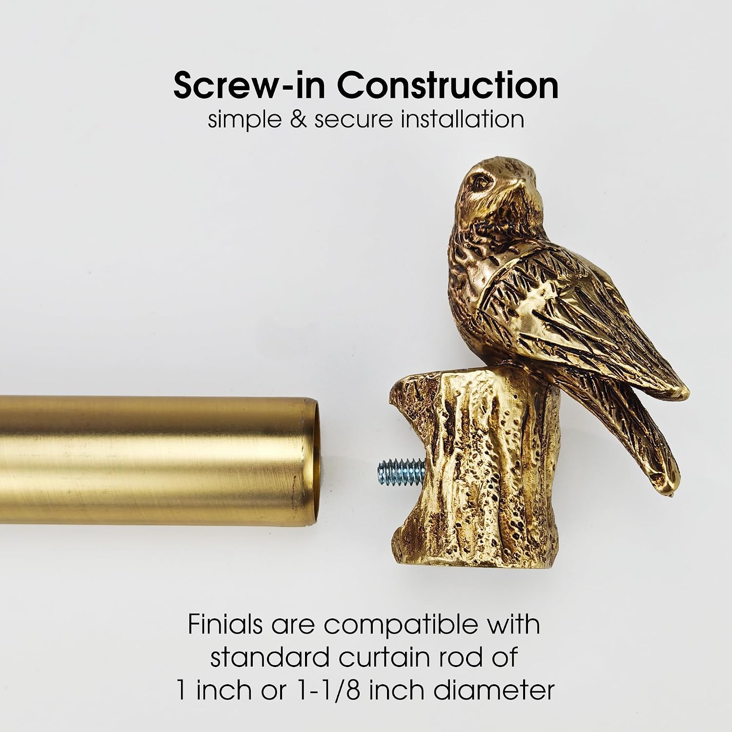 Decorative Curtain Rod Finials, Pretty Polyresin Gold Bird Finials, Set of 2, Compatible with 1 inch or 1-1/8 inch Dia Curtain Rod, Standalone Finial Pair