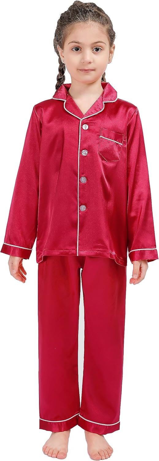 Kid Silky Satin Pajamas Set for Girls Boys pj Set Sleepwear Button-up Lounge Sets Nightwear - Image 6