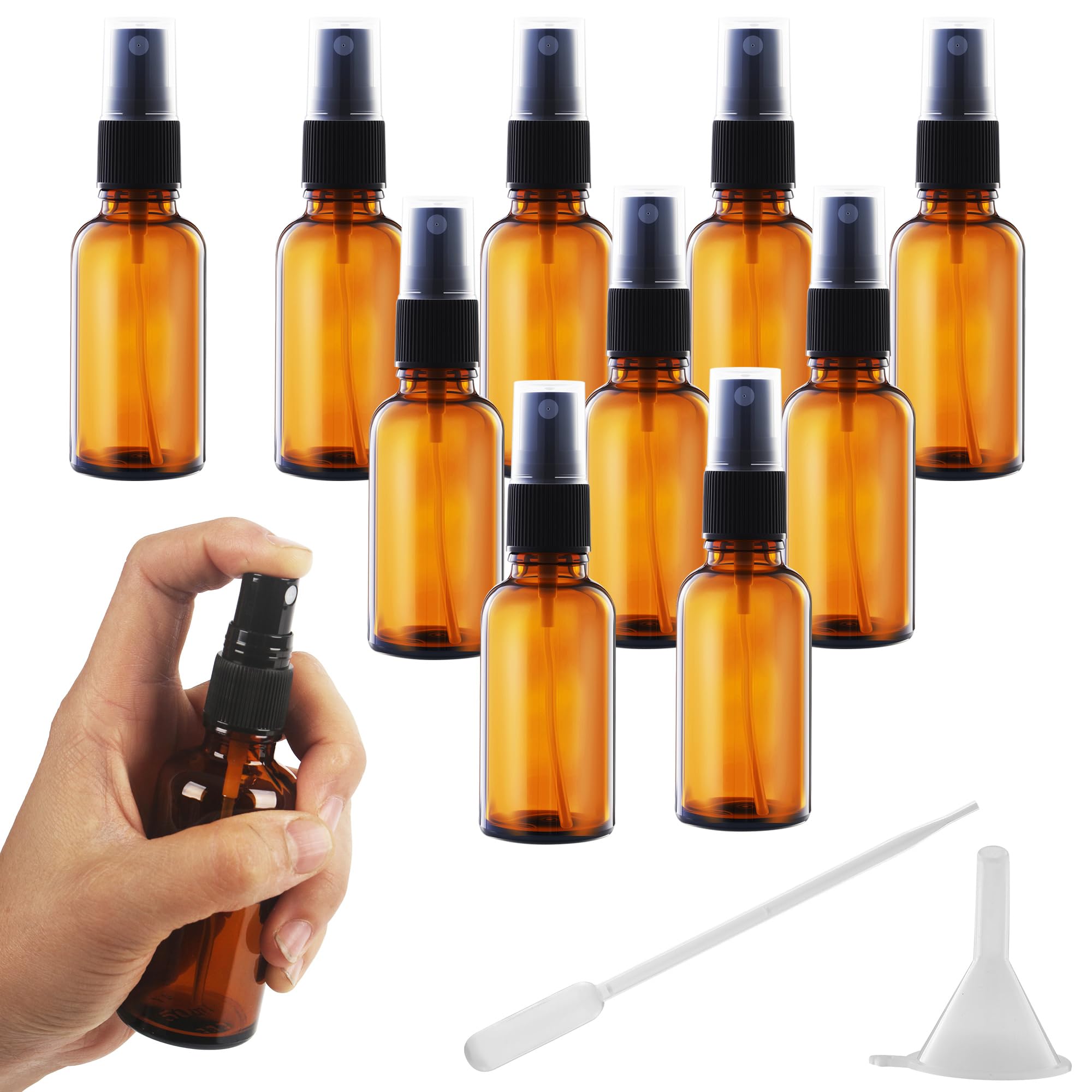 Nuangoo 10 pezzi Bottiglie Spray Vetro, 50 ml Flaconi spray vuoti in vetro,Flaconi spray in Vetro Ambrato con imbuto e contagocce per Profumi, Cosmetici, oli Essenziali, Massaggi