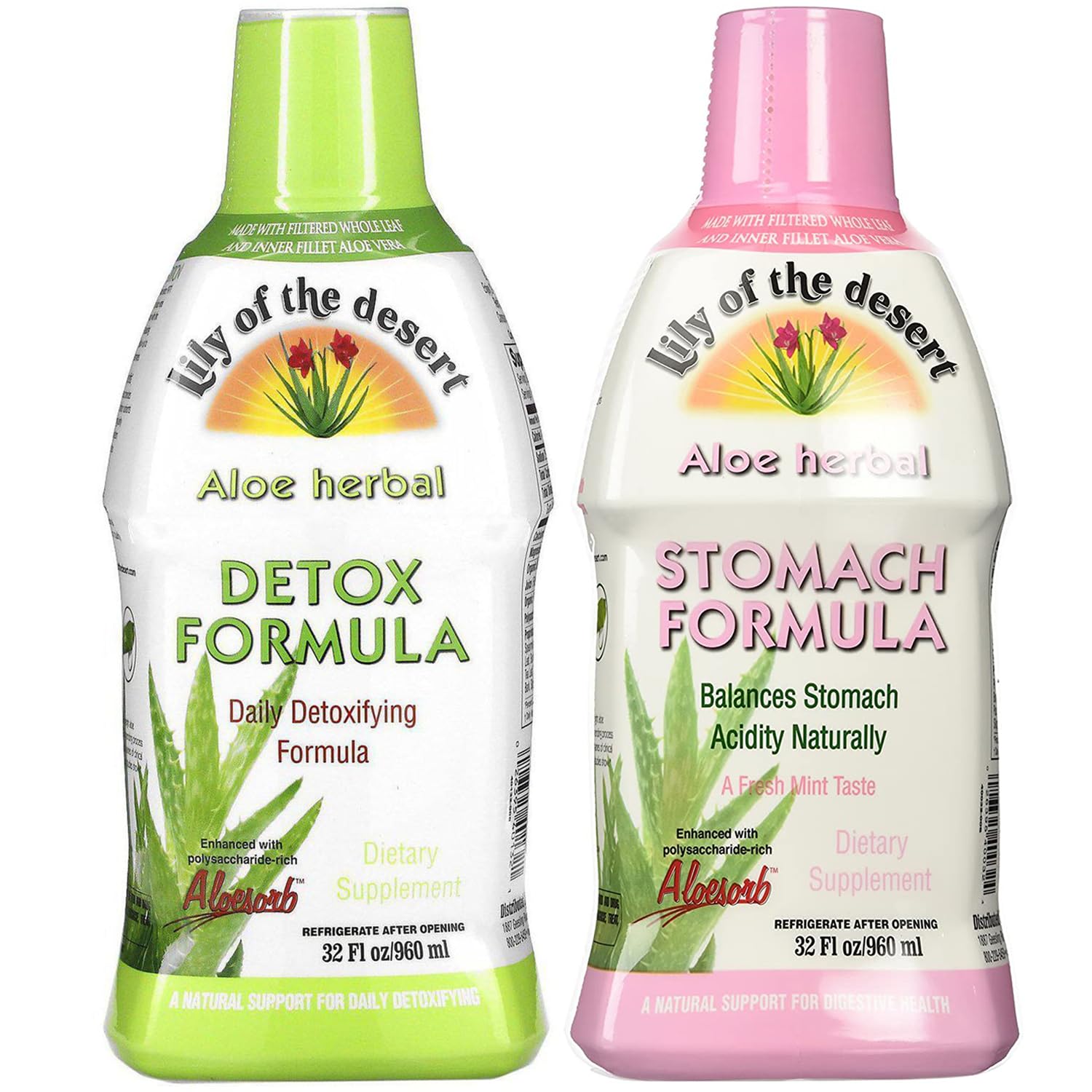 Lily Of The Desert Stomach Formula & Detox Formula Variety 2-Pack – Aloe Vera andHerbs for Gut Health, Liver Detox, Heartburn Relief, 32 Fl Oz Ea 32 Fl Oz (Pack of 2)