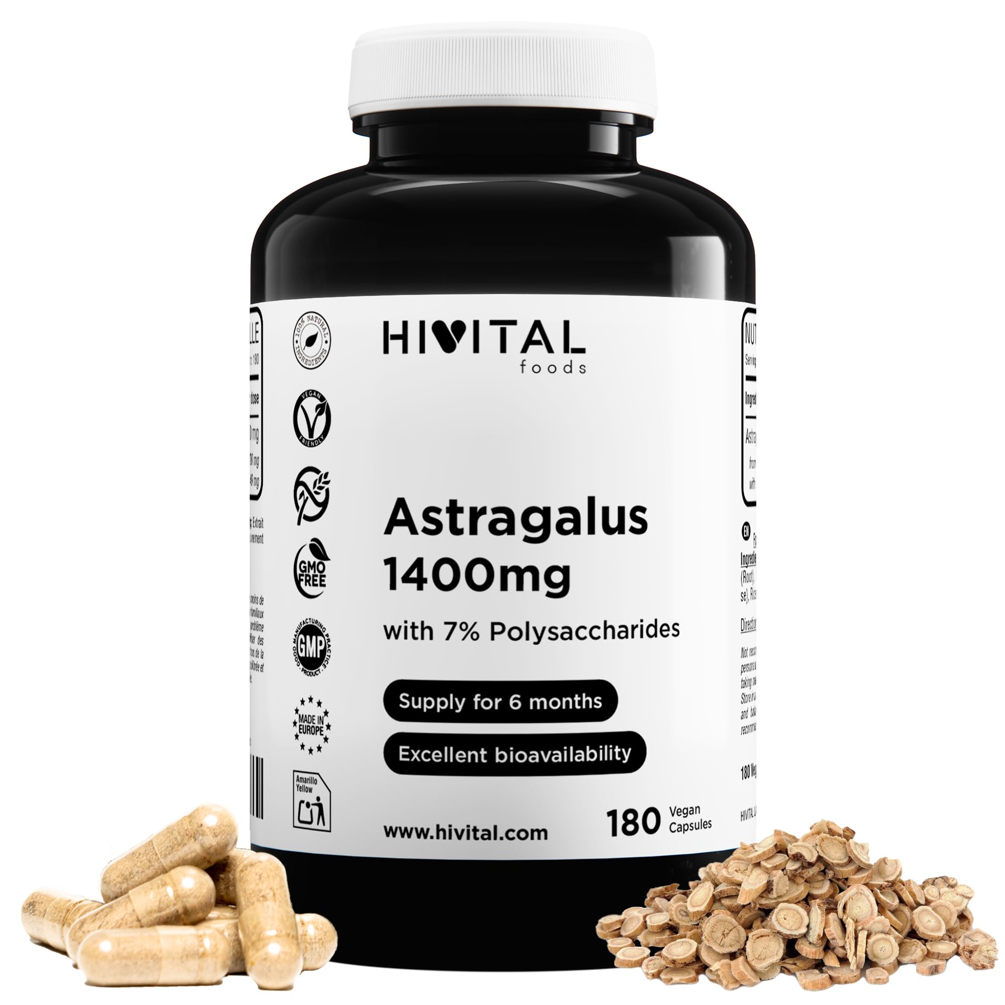 Astragalo 1400 mg. 180 capsule vegane per 6 mesi di trattamento. Estratto naturale di astragalo con il 7% di polisaccaridi. Prodotto in Europa da HIVITAL
